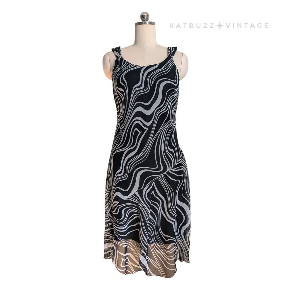 Vintage Midi Dress 10 Black White Mod Y2K Psychedelic Retro Chiffon Sleeveless